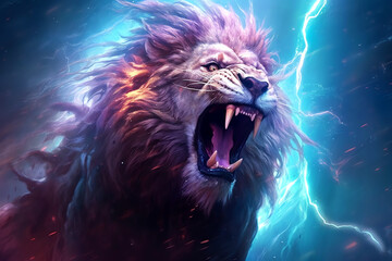Lion god of thunder and lightning epic fantasy illustration - Generative AI