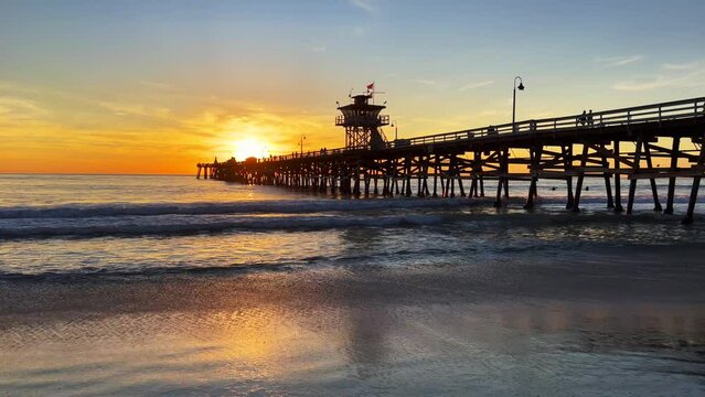 Sunset over the San Clemente pier, Orange County, California, USA. 