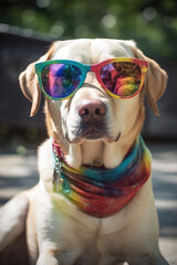 Portrait of Golden Retriever with in sunglasses outside. Generative AI