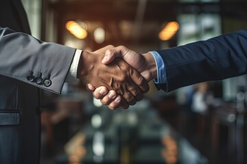 Two business professionals sealing a deal with a firm handshake, symbolizing trust and mutual agreement