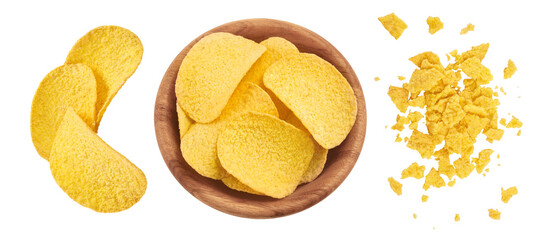 Potato chips in wooden bowl isolated on white background with  full depth of field. Top view. Flat lay.