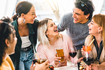 Multiracial friends celebrating summer party drinking fancy cocktail and red wine-Young group of...