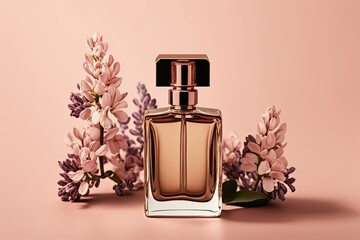 On a pink backdrop, there is an unbranded brown perfume bottle with several pink lupin blooms. glass perfume bottle with a transparent label for branding. The toiletry scent. Spring flat Generative AI