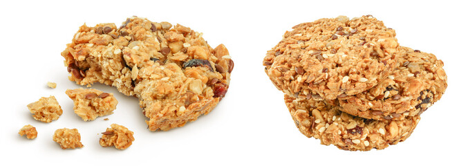 Granola cookie isolated on white background with full depth of field.