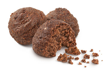 chocolate cookie with kerob, banana, cashew, sunflower seeds and coconut paste isolated on white background. Healthy food, gluten-free, flour-free