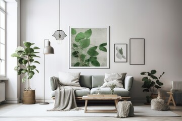 In a modest living room with a poster above a white sofa and plants next to a grey sofa. Generative AI