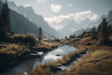 A stunning travel experience showcasing Swiss alpine landscapes enhanced by cinematic effects. Generative AI