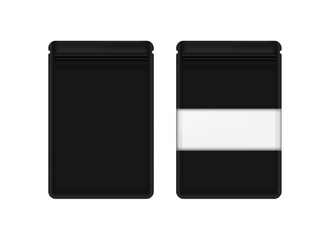 Realistic Foil Black Food Pouch Sachet with Transparent Window Vector Package Template Mockup