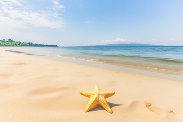 Fototapeta na wymiar Text copyspace on a tropical beach with a sea-star on the sand. Summer vacation idea. Generative AI