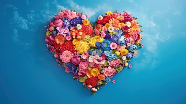A rainbow over a heart made of flowers, blue background with clouds