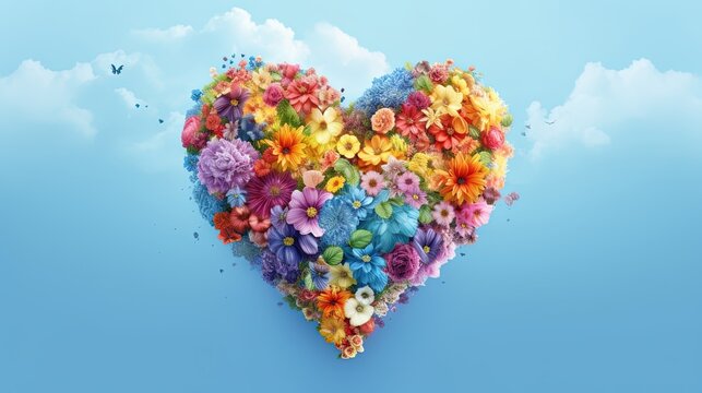 A rainbow over a heart made of flowers, blue background with clouds
