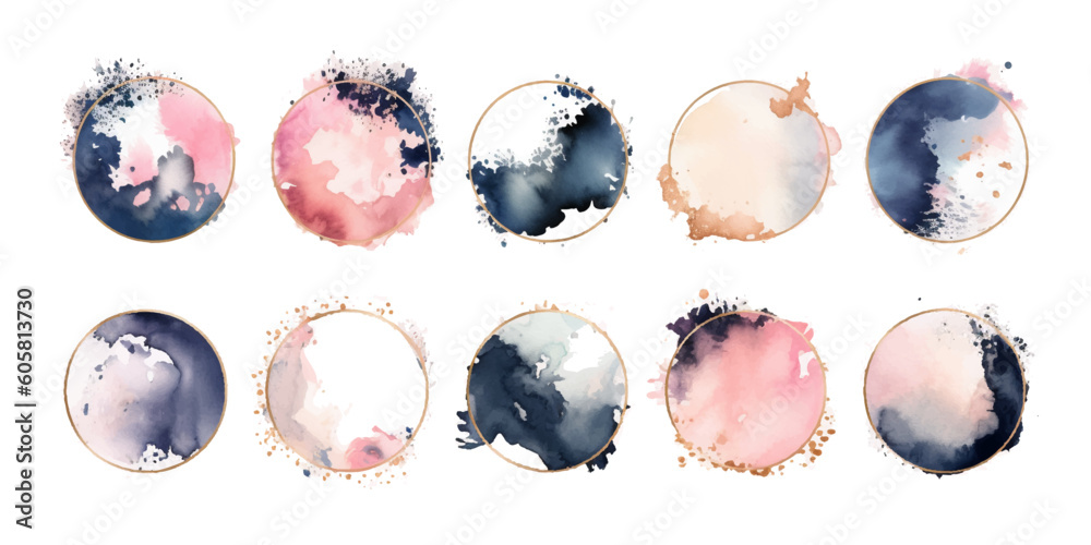 Wall mural watercolor frames, circular shapes, minimalistic brushstrokes, blush, navy, rose gold, pale pink alc