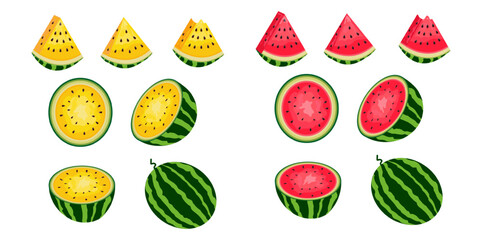 Fresh and juicy whole watermelons and slices.Set of ripe yellow and red watermelon berries