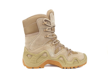 Tactical  boots for the army are cut out on a white background. Isolated on a white background, no shadow. 