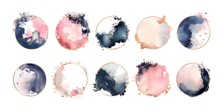 Watercolor frames, circular shapes, minimalistic brushstrokes, blush, navy, rose gold, pale pink alcohol ink abstract background with ink cracks, ink splashes