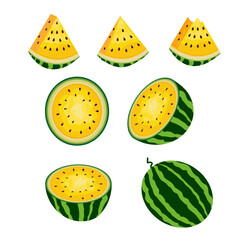 Fresh and juicy whole watermelons and slices.Set of ripe yellow watermelon berries