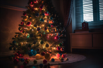 Fototapeta na wymiar Modern Christmas tree decorated colorful balls in living room at home. Background for display or montage your products. Close up. Copy space. Generative AI.
