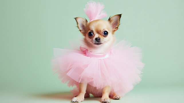 cute chihuahua with a pink ballet tutu, generative ai illustration