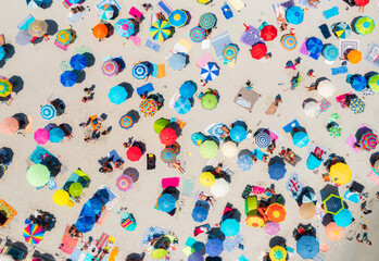 Aerial view of colorful umbrellas on sandy beach at sunset in summer in Sardinia, Italy. Tropical...