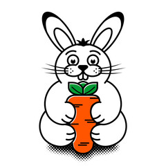 Cartoon white rabbit with carrot, Vector in comic style on transparent background