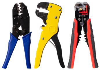 Wire stripper and crimper for electrical wires on an isolated background. Tools for electricians.