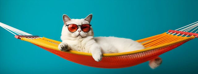 White cat in sunglasses lying in an orange hammock on a blue background. Generated Ai Generative AI