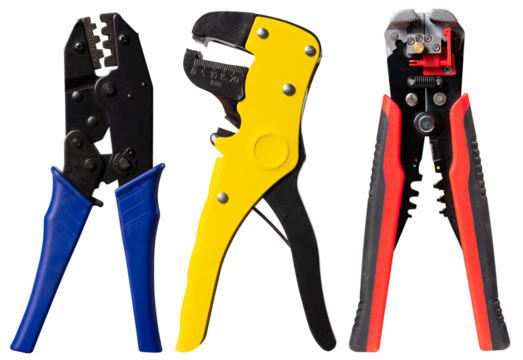 Wire stripper and crimper for electrical wires on an isolated background. Tools for electricians.
