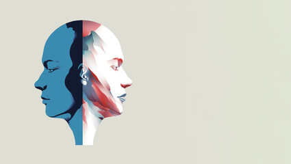 Mood disorder. Split personality. Bipolar disorder mind mental. Dual personality concept. Created using generative AI tools. - obrazy, fototapety, plakaty