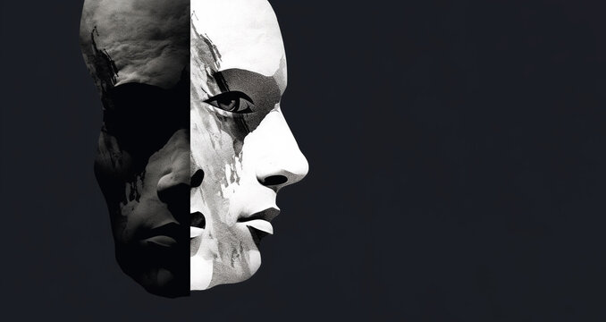 Mood disorder. Split personality. Bipolar disorder mind mental. Dual personality concept. Created using generative AI tools.