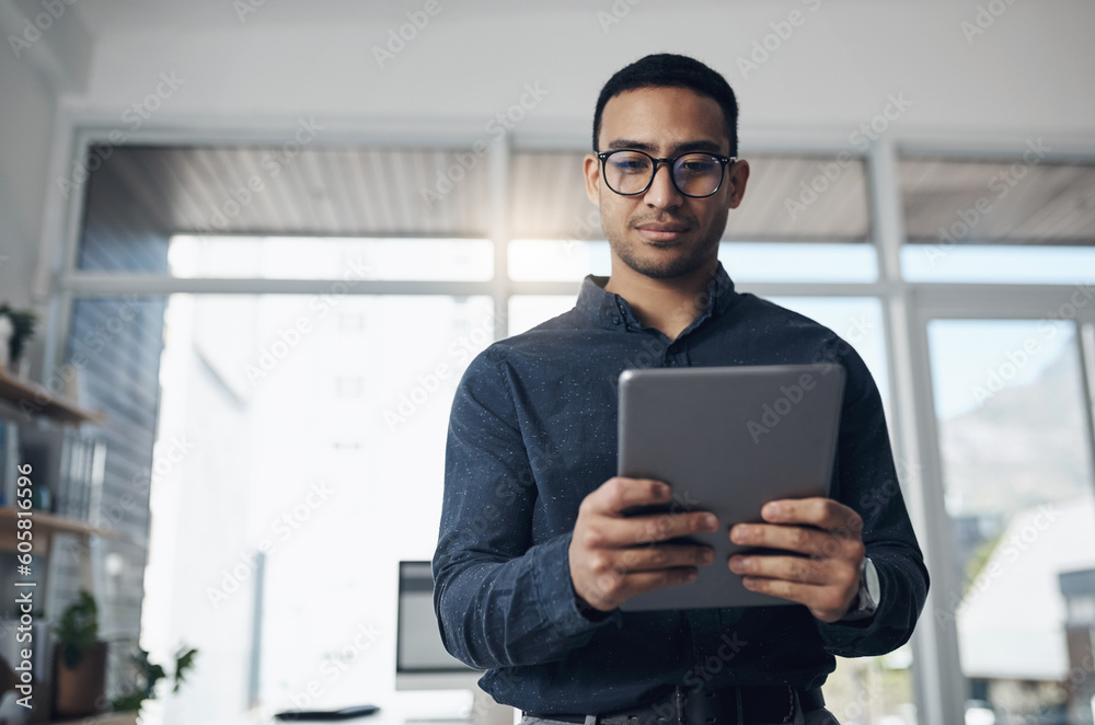 Poster email, reading and a businessman with a tablet at work for connectivity and communication. internet,