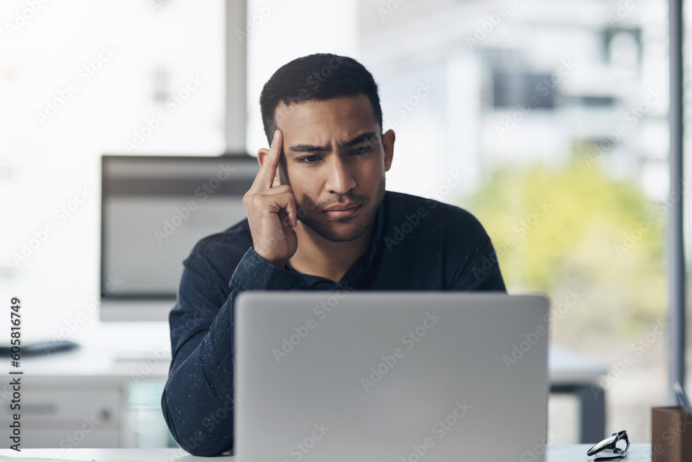 Poster employee, confused or man with a laptop, tired or doubt with internet connection, glitch or error. m