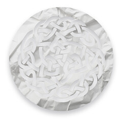 Intricate circular Celtic knot design cut out of crumpled white paper isolated on transparent background