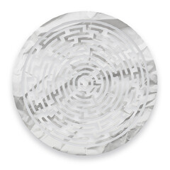 Circular maze or labyrinth cut out from crumpled sheet of paper isolated on transparent background