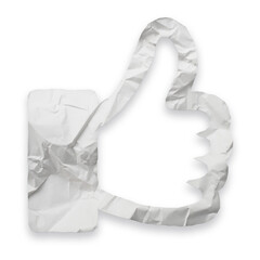Thumbs up symbol as crumpled white paper cut-out isolated on transparent background
