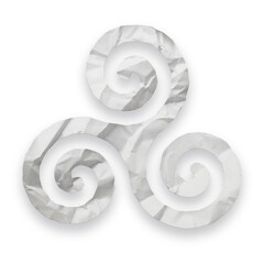 Triskelion symbol made with crumpled white paper isolated on transparent background