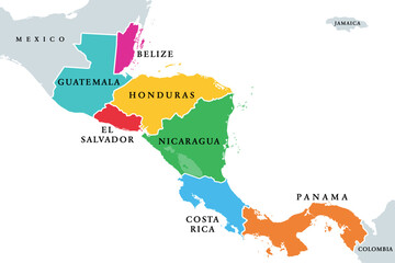 Central America countries, colored political map. Subregion of the Americas, between Mexico and Colombia, consisting of Belize, Guatemala, Honduras, El Salvador, Nicaragua, Costa Rica and Panama.