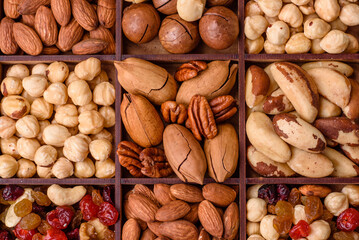 Mix of roasted macadamia nuts, cashews, pecans, almonds, raisins and dry berries