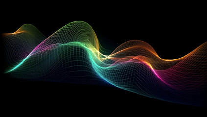 Vibrant Abstract Wave of Bright Colors: 3D Wireframe on Black Background. Generative AI,