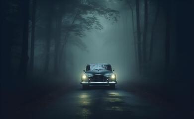 Fototapeta na wymiar Old classic car on a wet road covered in fog with bright headlights. Generative AI.