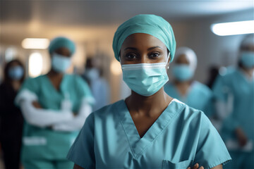 african american nurse with medical workers team in the hospital wearing face masks and uniform, confident nurse or doctor looking at camera with team behind, created with Generative AI