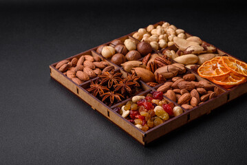 Mix of roasted macadamia nuts, cashews, pecans, almonds, raisins and dry berries