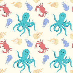 Fototapeta na wymiar Colorful hand drawn pattern sea life animals Cartoon octopus, jellyfish and crab background. Seamless pattern of the underwater world.