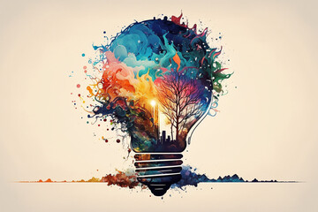 Light bulb with splash of colors creative design concept idea. Ai generated