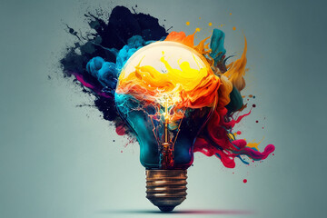 Light bulb with splash of colors creative design concept idea. Ai generated