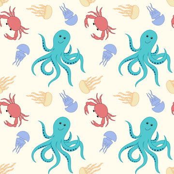 Colorful hand drawn pattern sea life animals Cartoon octopus, jellyfish and crab background. Seamless pattern of the underwater world.