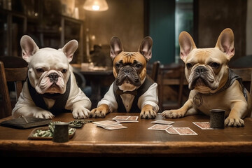 Cute funny dogs playing at a poker table. Ai generated
