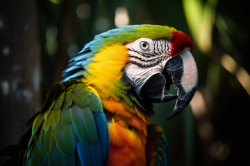 Obraz premium Colorful parrot in the jungle. Vibrant beauty of tropical wildlife. Created with Generative AI