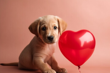 Cute puppy dog portrait with balloon. Ai generated