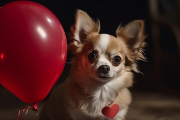 Fototapeta na wymiar Cute puppy dog portrait with balloon. Ai generated