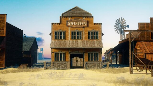 Wild West Saloon Background. Evening street view with a bar in the Wild West. A Saloon in the city center, a water tower, a weather vane, a cart, and several buildings nearby. Seamless loop animation.